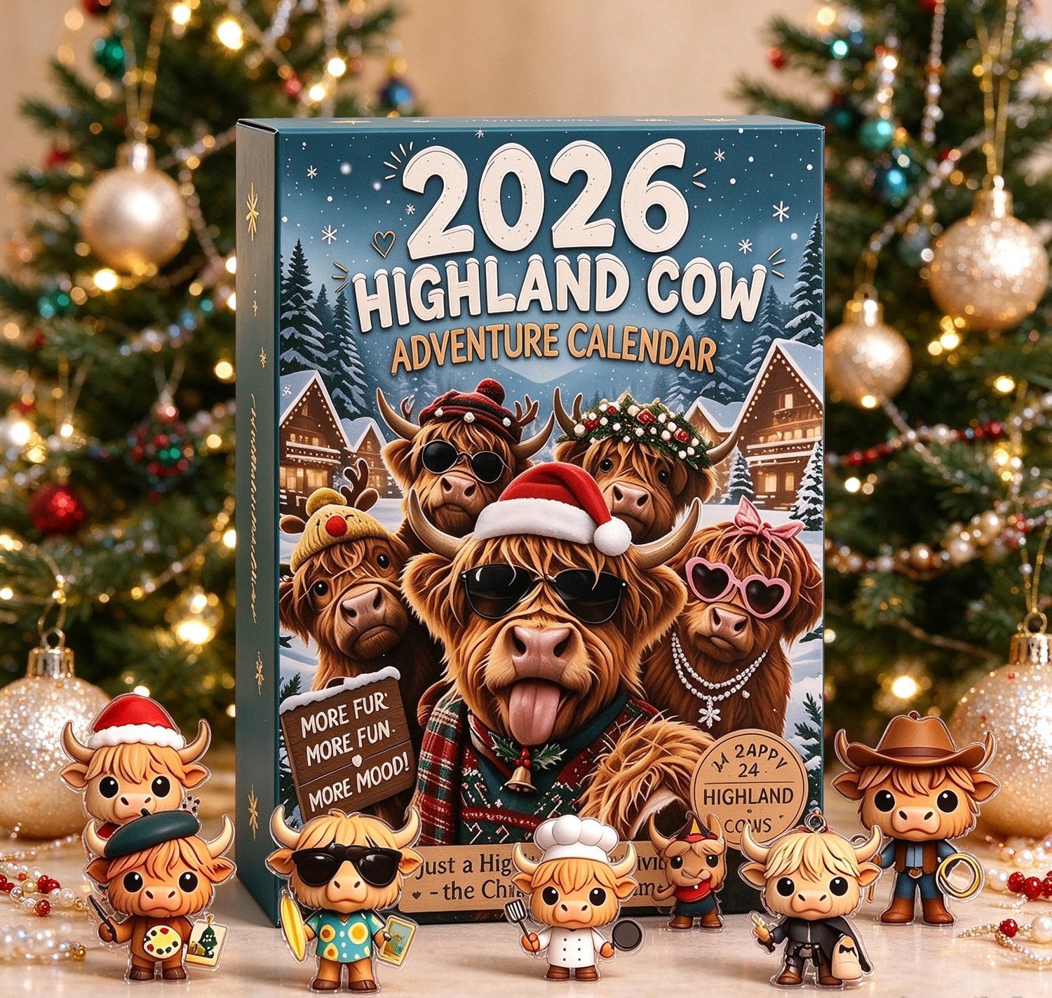 Adventskalender 2026 Kerst Mini Figuur Highland Cow - 24 stuks - Meerkleurig - 6 cm