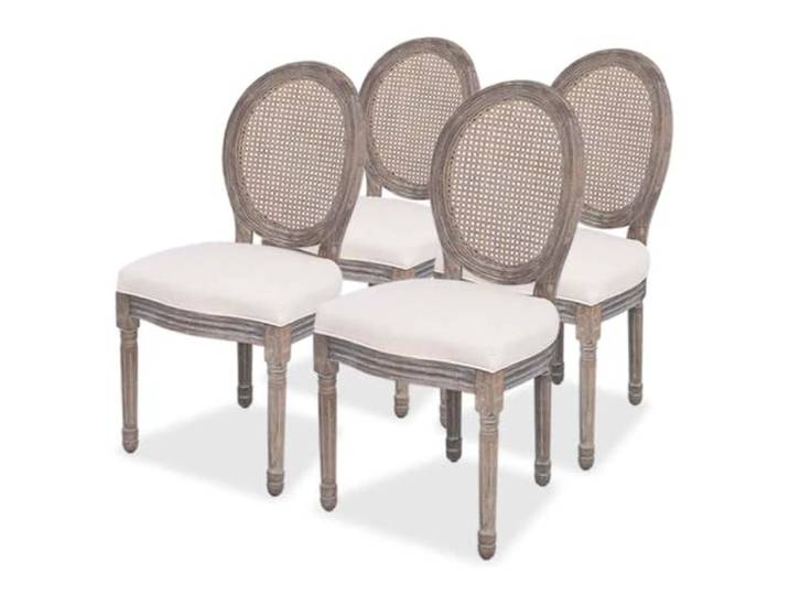 4 Esszimmerstühle aus cremefarbenem Leinen mit Rückenlehne und Rahmen Dicke Schaumstoffpolsterung, rustikale Rattan-Rückenlehne, stabile Holzbeine, max. Belastung 110 kg pro Sitz
