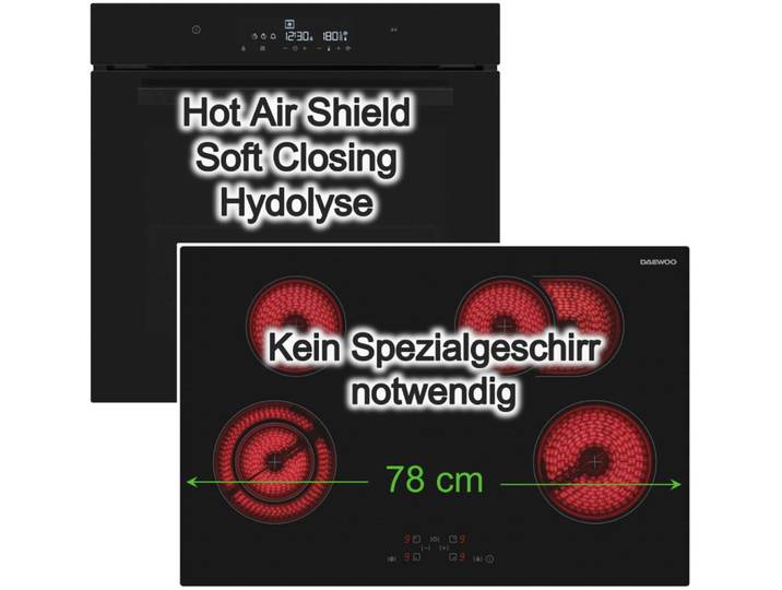 Daewoo Backofen-Set Schwarz SoftClose 73 L Hydrolyse Full Touch Display Bräterzone, mit Nachrüstbar, Hydrolyse