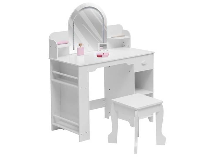 Coiffeuse enfant avec miroir LED - LUNSY - Miroir lumineux LED - Dimensions 80x40x101 cm - Tabouret inclus