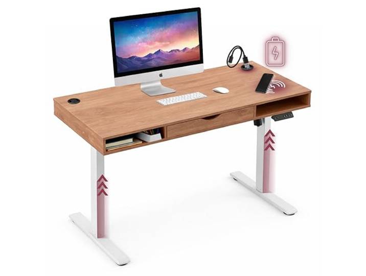 hjh OFFICE Schreibtisch Worktime Style 120x60 cm – Elektrisch höhenverstellbarer Arbeitstisch mit Memoryfunktion, Steh-Countdown, USB-Hub, Schublade & Ablagefächern, Eiche/Weiß