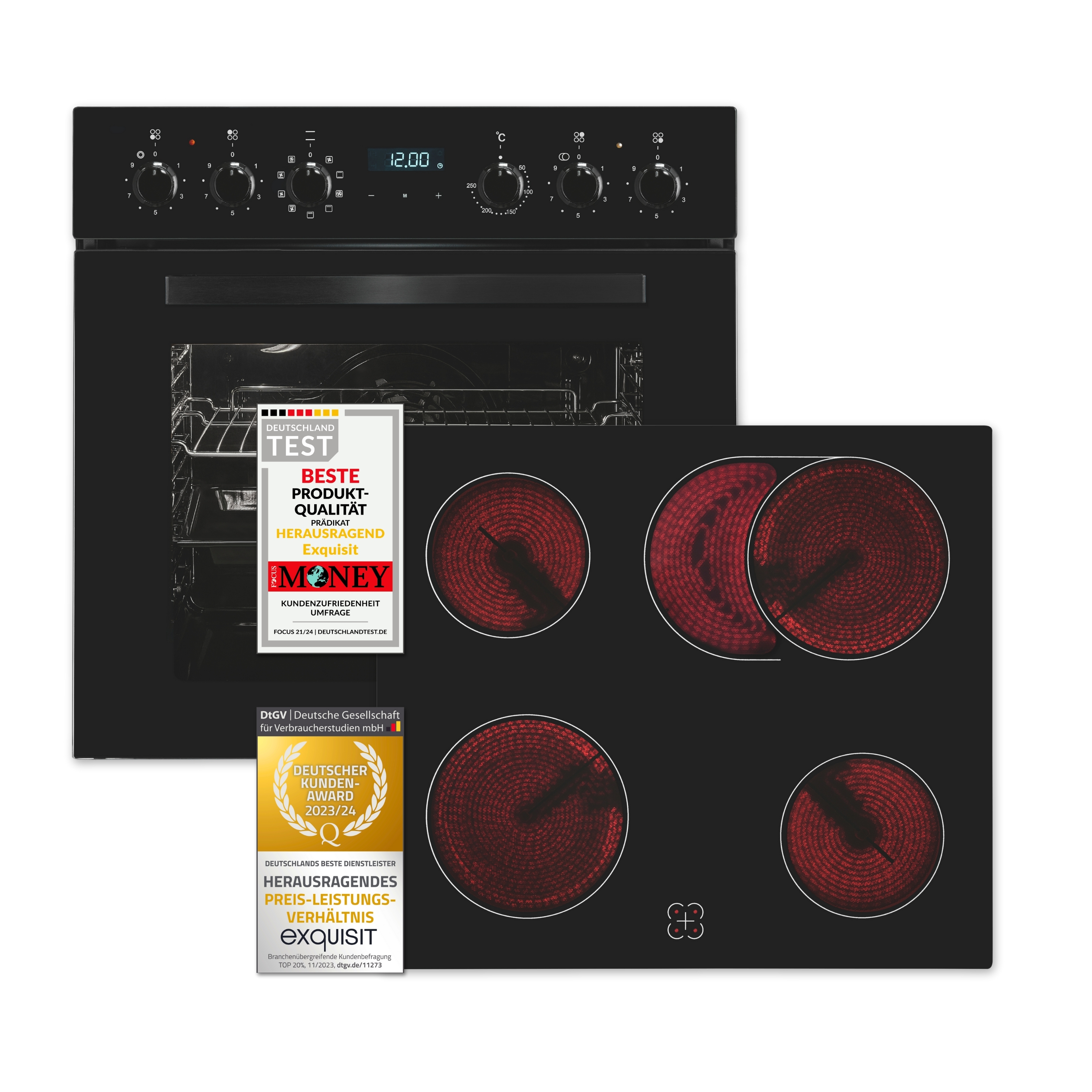 Exquisit Einbauherdset EHE285-HBZ-020-Set schwarz | 75 l Garraumvolumen | 9 Backofenprogramme | Kochfeld mit Rahmen | Energieklasse A