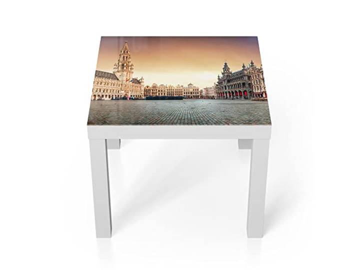 DEQORI Glastisch weiß klein 55x55 cm Motiv Grand Place am Morgen ausgefallener Beistelltisch aus Glas Hochglanz Couchtisch fürs Wohnzimmer moderner Couch Tisch mit Design