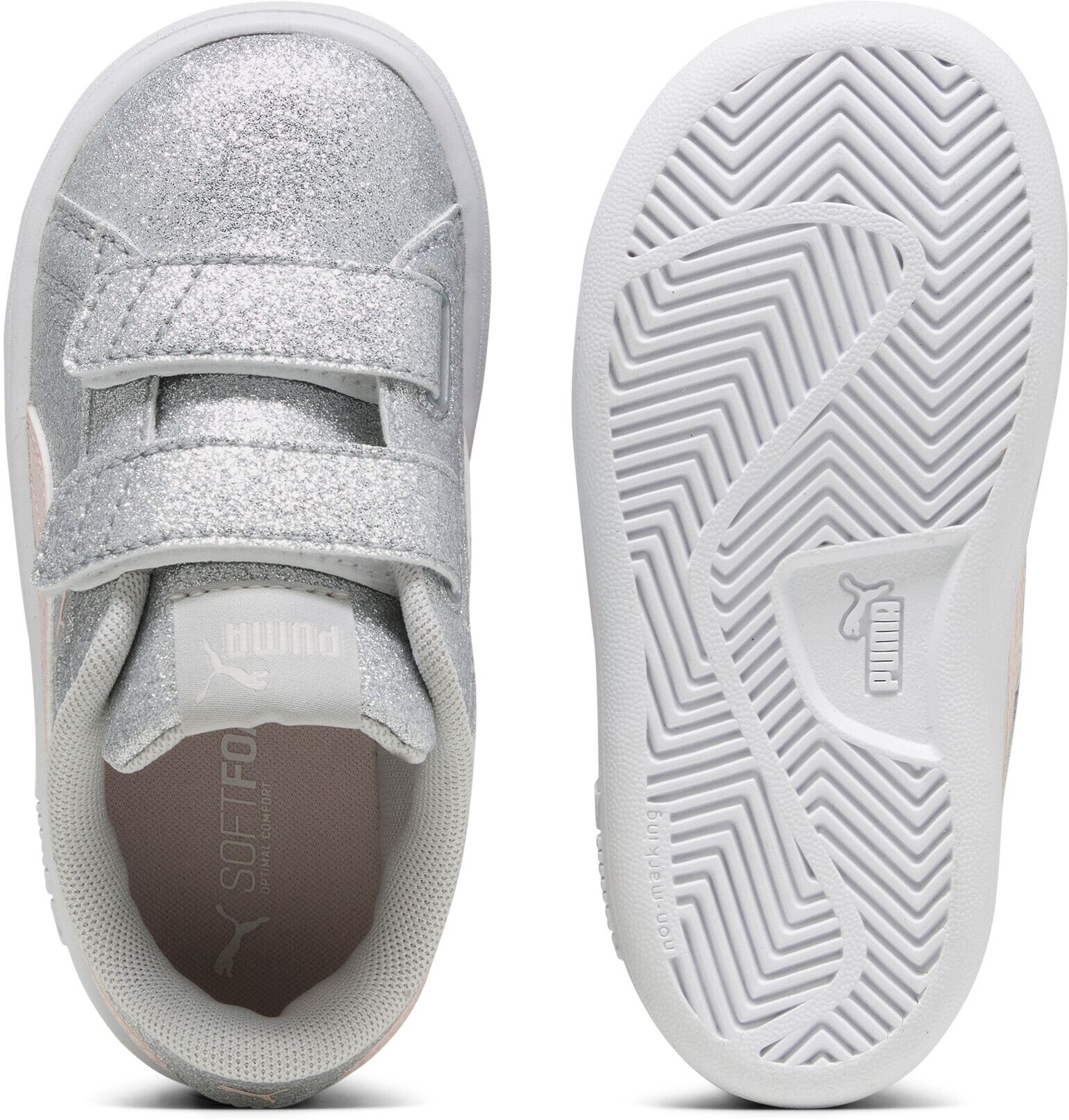 Sneaker PUMA "SMASH 3.0 GLITZ GLAM V INF", Mädchen, Gr. 23, rosa (glacial gray, frosty pink), Synthetik, unifarben, Schuhe Sneaker, mit Klettverschluss, mit SOFTFOAM+ Dämpfung, aus Synthetik glacial gray, frosty pink 23