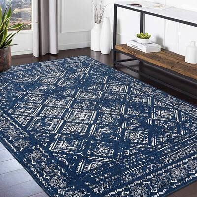 Garvee Washable Vintage Geometric Block Distressed Area Rug
