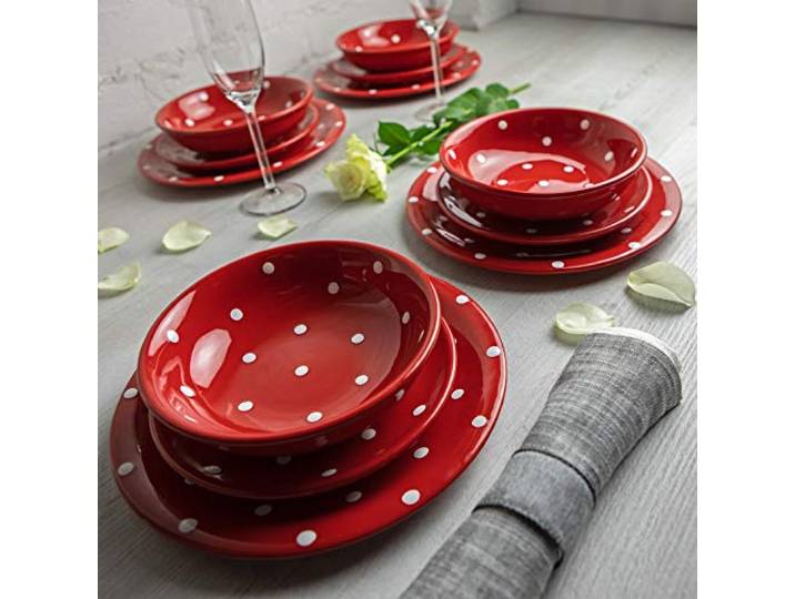 City to Cottage Tafelservice 12 teilig Keramik handbemalt Rot Weiß Punkte Geschirr Set für 4 Personen Speiseteller Dessertteller Schalen