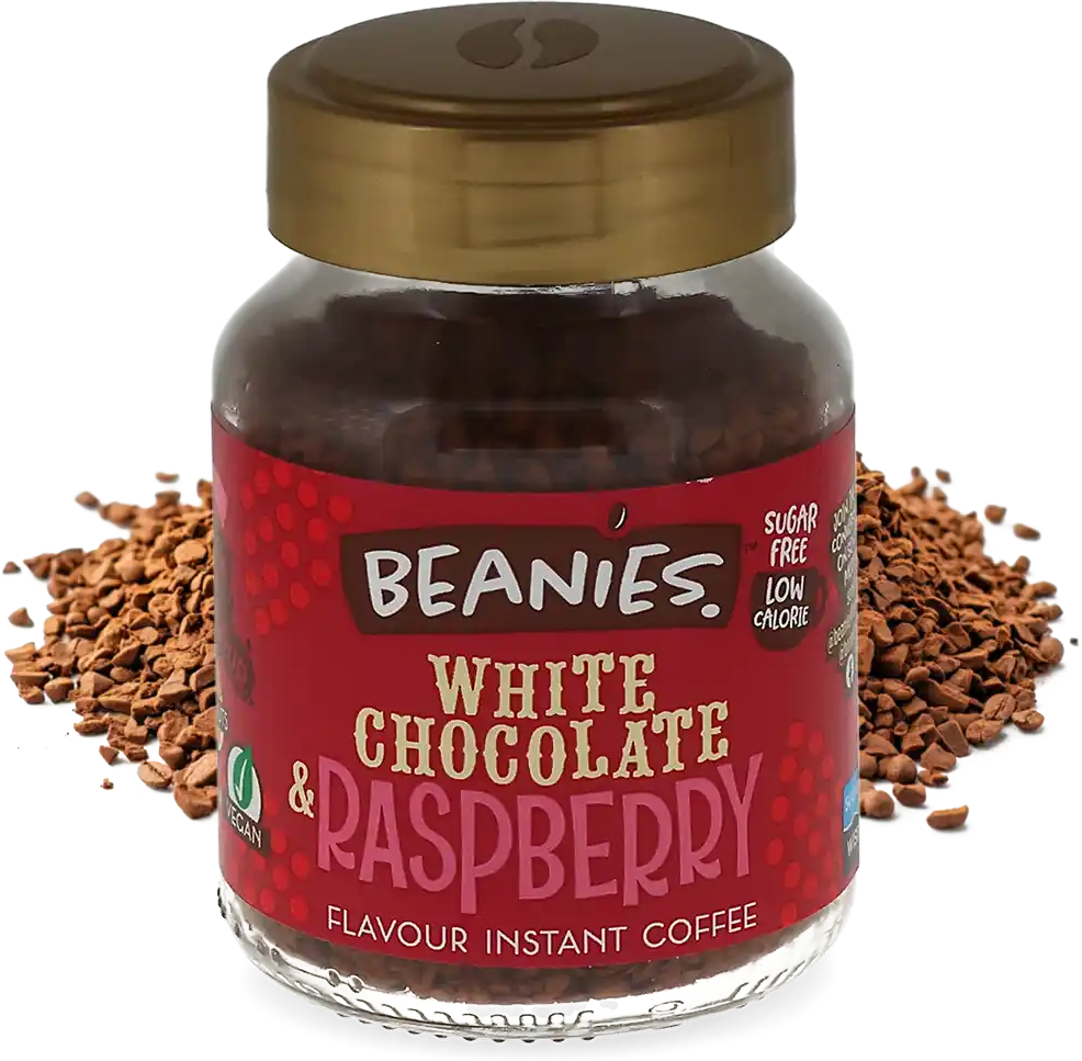 Beanies   Witte chocolade en framboos  - 50 g oploskoffie