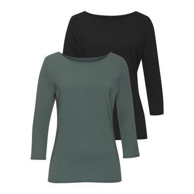 3/4-Arm-Shirt LASCANA, Damen, Gr. 32/34, grün (eukalyptus, schwarz), Single Jersey, Obermaterial: 50% Baumwolle, 45% Modal (TENCEL™), 5% Elasthan, unifarben, Basic, bequem, U-Boot-Ausschnitt, Shirts 3/4-Arm-Shirt, aus luftiger Baumwoll-Modal-Qualität