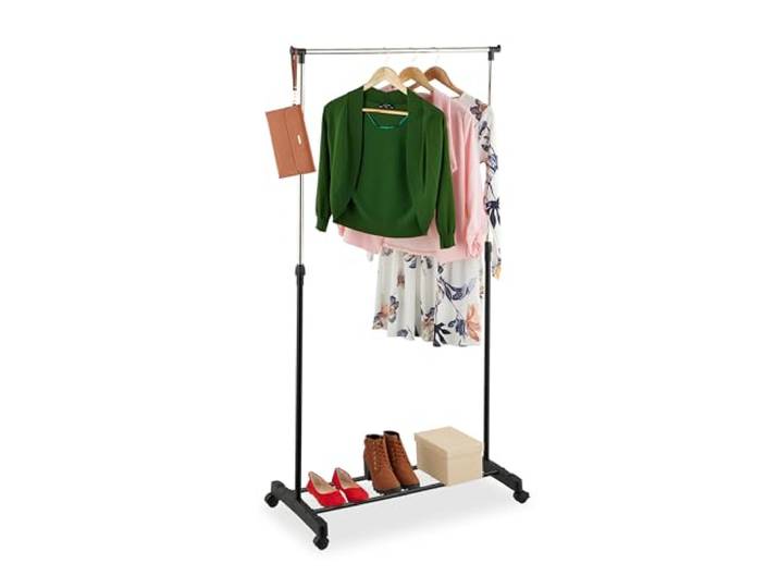 Relaxdays Portant sur roues\, métallique\, tringle réglable en hauteur\, 91-156 x 76 x 40\,5 cm\, noir et argenté