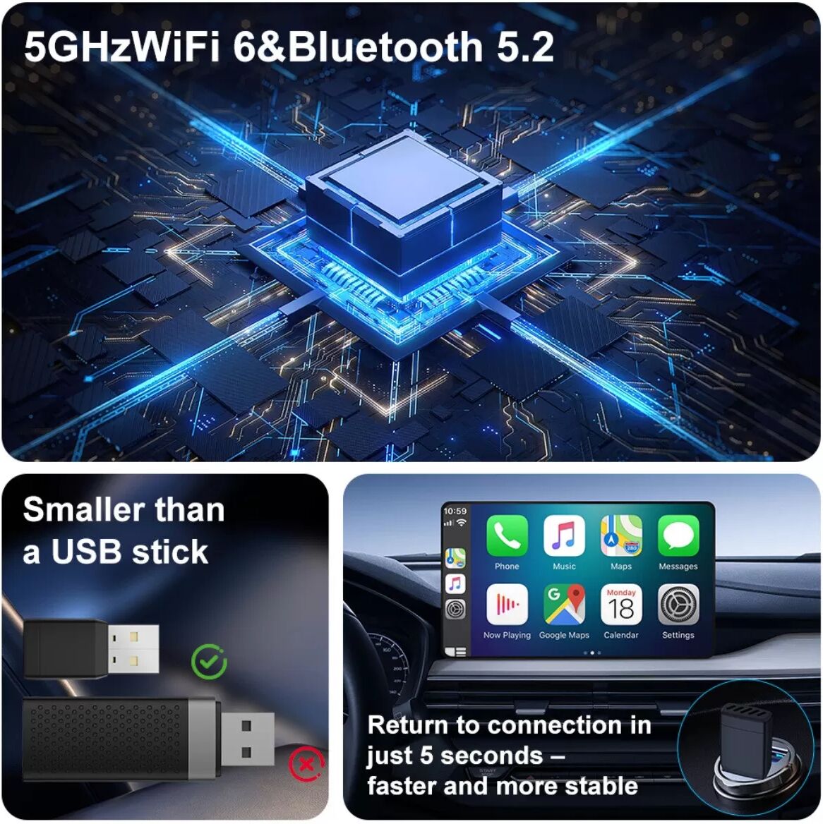 INF Kabelloser CarPlay Adapter: Kabelgebundener zu kabellosem CarPlay Konverter mit Bluetooth 5.2
