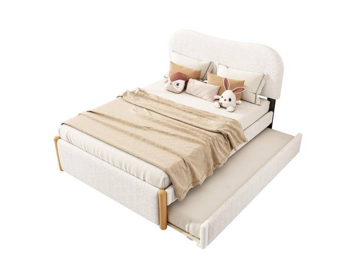 Okwish Polsterbett 140/200 cm weiß mit ausziehbarem Rollbett, Weiß, 140x200 cm, Schlafzimmer, Betten, Polsterbetten