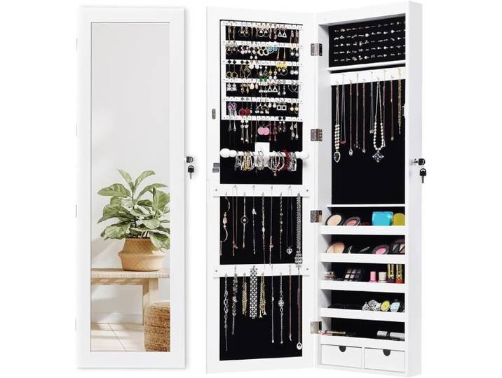 RELAX4LIFE Armoire à Bijoux Murale/Suspendue avec Miroir & Lumières LED Organisateur de Bijoux Verrouillable à 5 Étagères