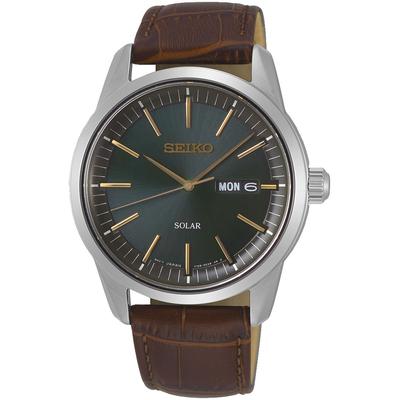 Solaruhr SEIKO, braun (braun, grün), Armbanduhren, Herren, silberfarben, Armbanduhr, Herrenuhr, Datum, Saphirglas, Lederarmband