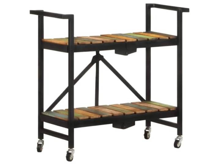 smnyxs Küchenwagen, 87 x 36 x 81 cm, Massivholz, zusammenklappbar 2 Fächer, flexible Räder, pulverbeschichteter Stahl, Teak, Hartholz, tropisches Holz, Mangoholz, zusätzliche Aufbewahrung