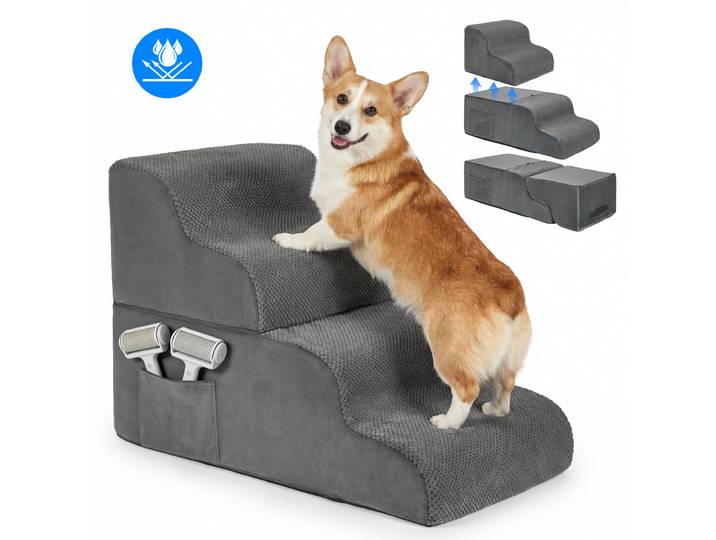 Rampe d'escalier pour chien en mousse haute densité à 3 marches, antidérapante, pour chiens âgés souffrant de douleurs articulaires, pour canapé et lit