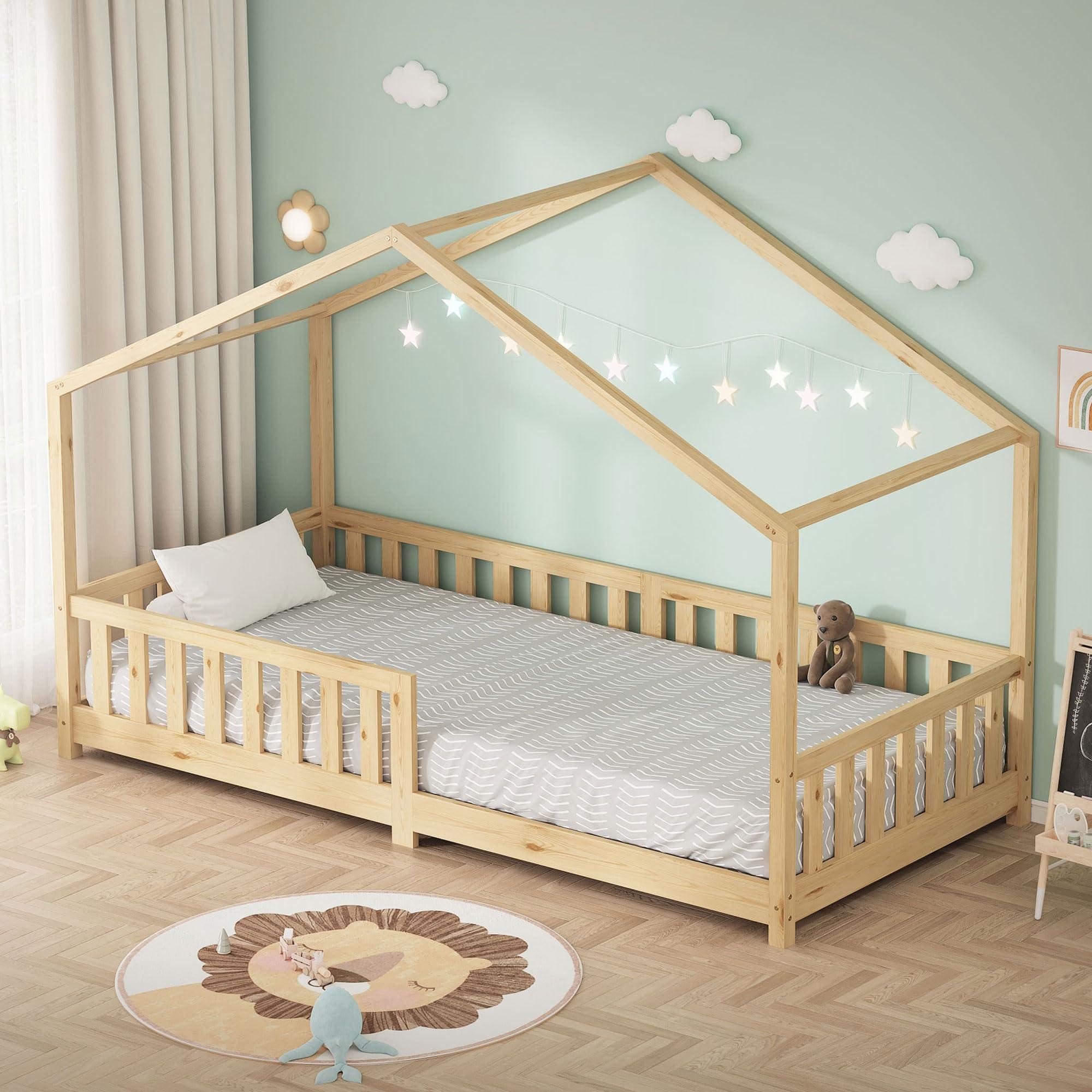 Kinderbett Hausbett 90x200 cm Kiefernholz mit Dach und Rausfallschutz