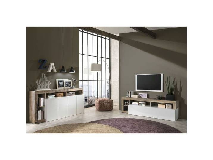 ARTURO - Ensemble Buffet 4P + Meubles TV Blanc Laqué Niches Aspect Bois Antik