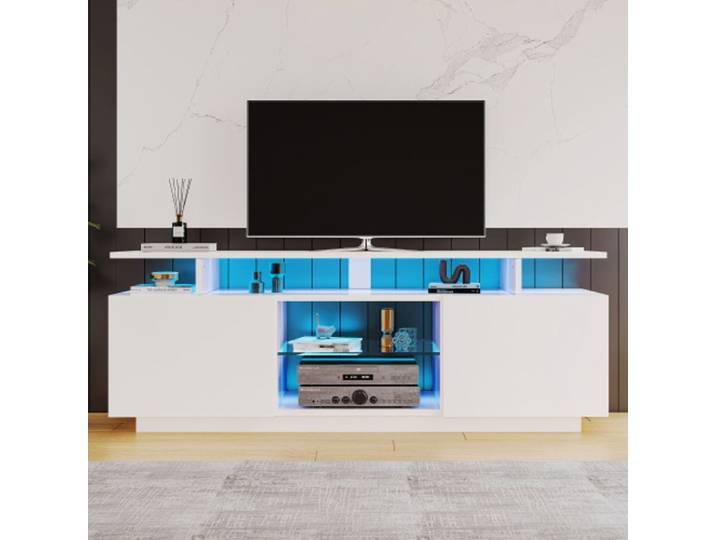 Meuble TV blanc moderne avec éclairage LED 16 couleurs portes brillantes avec étagères en verre-HAUSS SPOLE