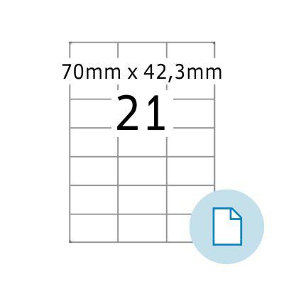 Blattetiketten HERMA 8421, permanenthaftend, bedruckbar, B 70 x H 42,3 mm, Papier, weiß, 10500 Stück/500 Blatt