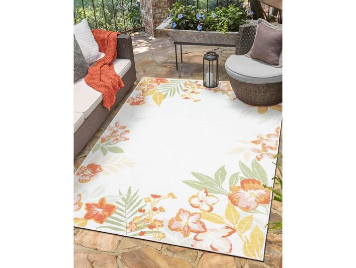 Outdoorteppich Isla, LAGERRÄUMUNG , bunt (cream,multi,rot), B:80cm H:6mm L:150cm, Polypropylen, MYFLAIR MÖBEL & ACCESSOIRES, Teppiche, Outdoorteppich, Wendeteppich, Blumen, mit Bordüre, Outdoor geeignet, Balkon, Terrasse