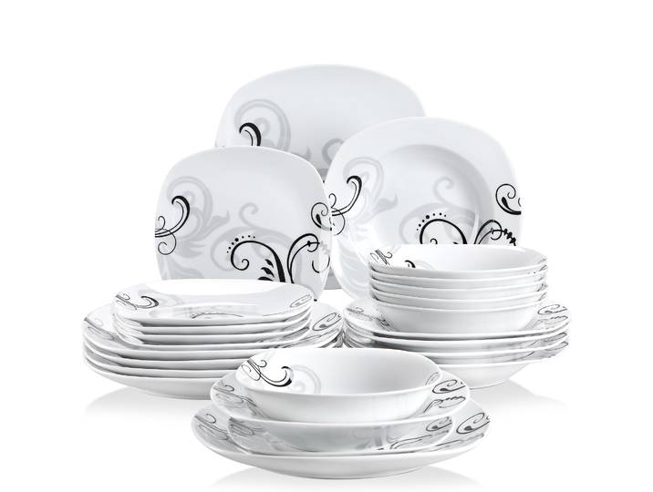VEWEET 24/48 pièces décalcomanies noires dîner ensemble combiné ensemble de vaisselle en porcelaine avec bols assiettes à Dessert assiette à soupe assiettes à dîner