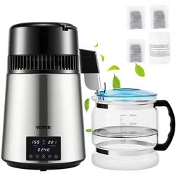 VEVOR Wasser Destilliergerät mit Temperaturregelung, 4 L Destillierer Edelstahl 1750W Wasserdestilliergerät Reine Wasser Distiller mit Glaskanne, 1,5 L/Std. Destillationsapparatur Water Distiller