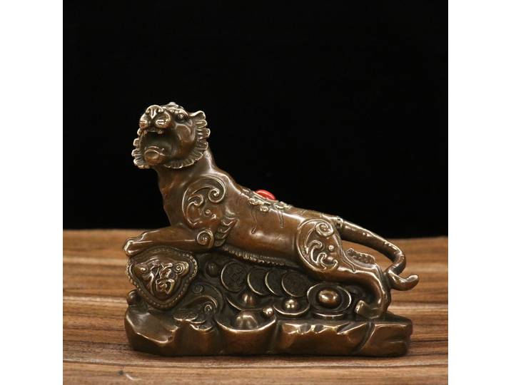 Collectio de Temple Tibétain de 7 Pouces en Laiton et Bronze Ancien, Statue de Tigre, Pièce de Monnaie, Gemme, Lingots, Année du Tigre, Collecte de la Richesse, Ornements de Bureau
