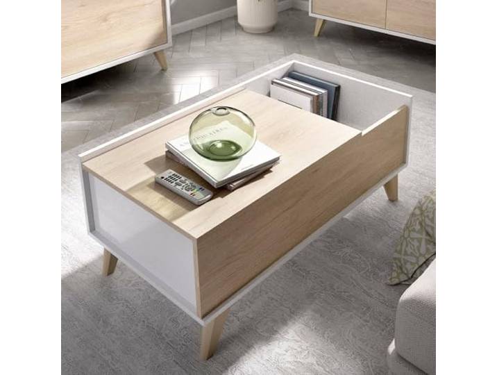 Dmora - Cuna Couchtisch, Wohnzimmer-Zeitungsständer mit Ablagefach, niedriger hochklappbarer Couchtisch, 99 x 60 x 41 cm, Eiche und Weiß