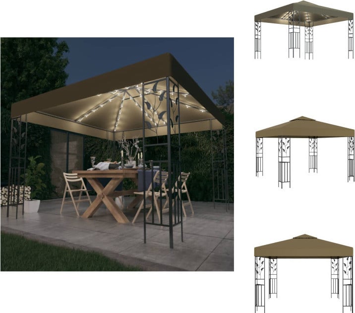 vidaXL Paviljoen met LED-lichtketting, 3x3 meter, taupekleurig