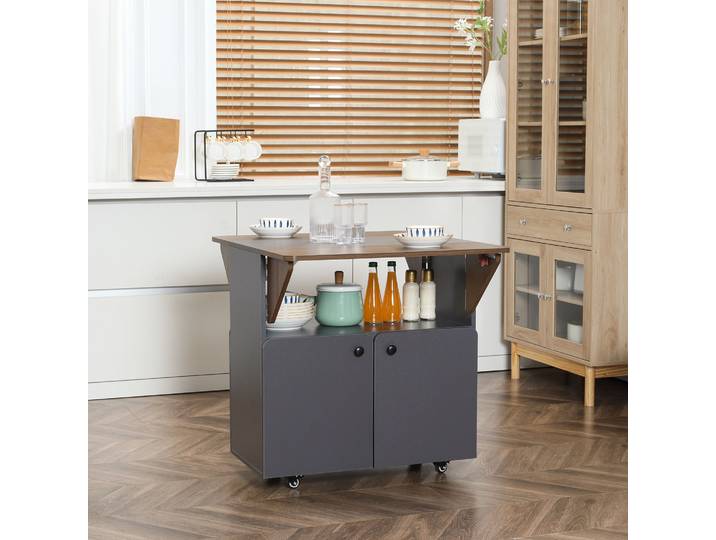 HOMCOM Buffet Mobile Pliant avec Table et Roulettes, Gris/Marron