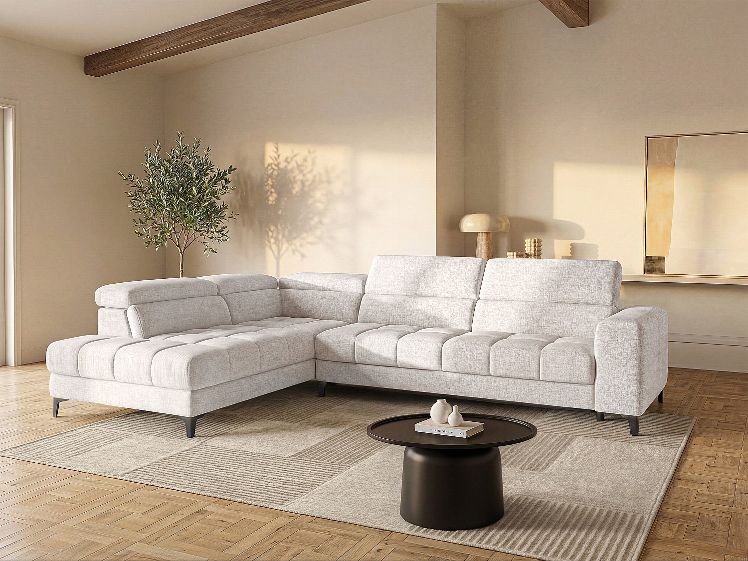 Vente-unique Eckrelaxsofa elektrisch - Ecke links - mit ausziehbarer Sitzfläche - Stoff - Beige - MONISO 8673835