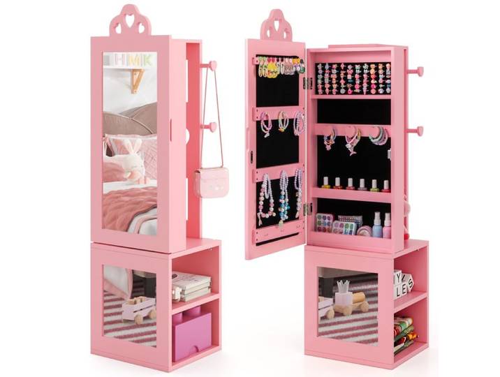 COSTWAY Armoire à Bijoux 3 en 1 pour Enfants avec Miroir Pleine Longueur Portant à Vêtements Rangement pour Bijoux Rose