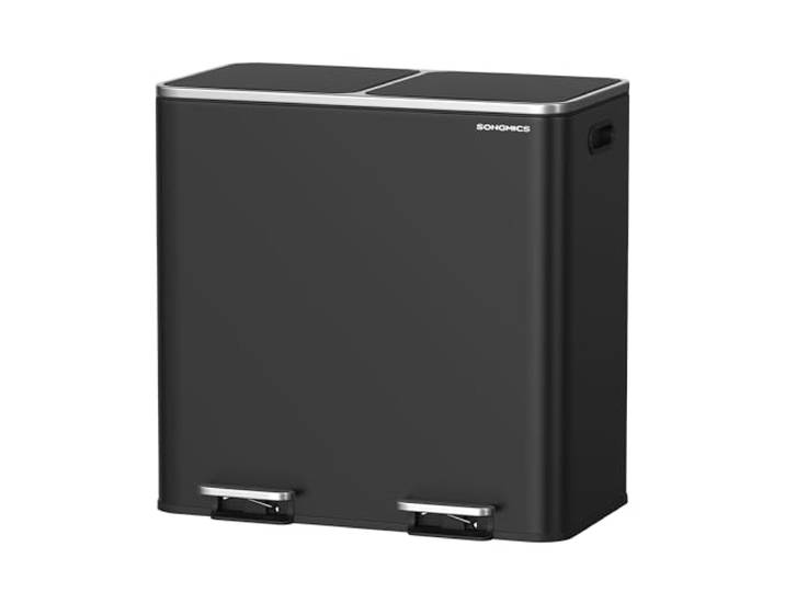 SONGMICS Mülleimer, Treteimer, 2 x 40 Liter, 2 Fächer, Stahl Mülltrennsystem, 15 Müllsäcke, Inneneimer aus Kunststoff, Klappdeckel, Softclose, Schwarz, PARY Kollektion LTB730B82