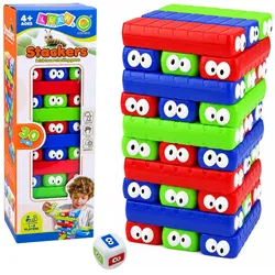 Geschicklichkeitsspiel Turm aus Blöcken mit Ösenwürfeln, bunt, 30 Stück.