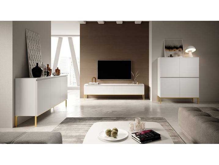 TV-Lowboard Bemmi Front: MDF Mitteldichte Holzfaserplatte , beschichtet Korpus: Spanplatte, beschichtet Weiß/Weiß/Gold 175cm