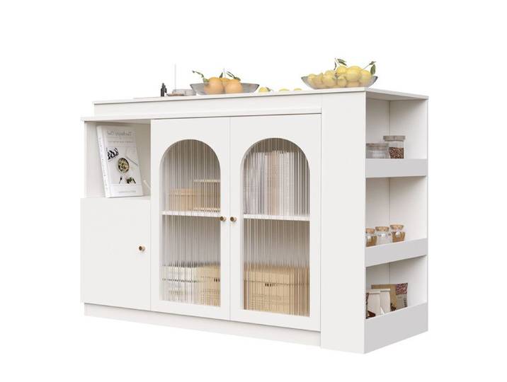 Bar rotatif 360° – Blanc – MDF – portes vitrées – rangement multifonction