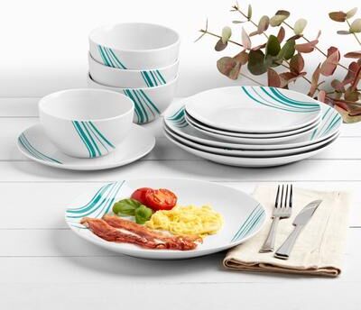 Tabletops Gallery Marina 12 Piece Porcelain Dinnerware Set in White with Aqua Stripes- Service for 4