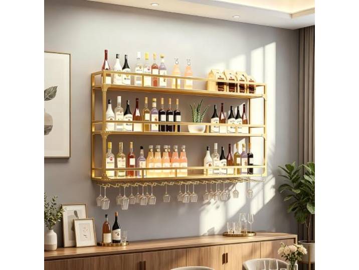 100 cm Weinregal Wand aus Eisen, 3 Ebenen Gold Hängeregal mit Gläserhalter wandmontiert platzsparend, Verschiedene Größen erhältlich, für Bar, Restaurant, Café, Küche und Wohnzimmer