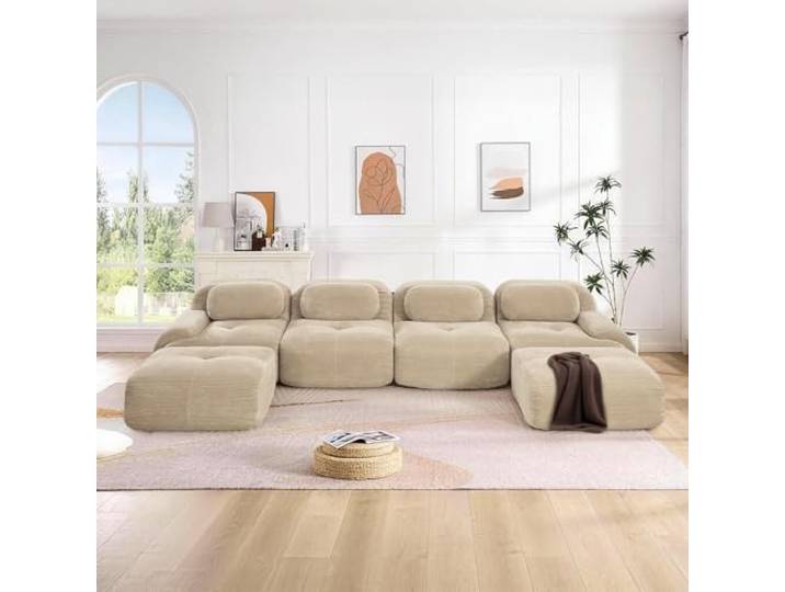 SoarFlash Modernes modulares Sofa, Kordtstoff-Oberfläche, Tiefe Sitzfläche + breite Armlehnen, werkfertig, 4-Sitzer U-Sofa, Beige