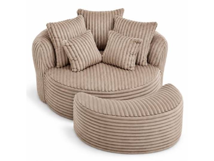 Großes Rundes Sitzbrett Sofabett ohne Beine mit Fußstuhl (Camelbraun) Weicher Kordelstoff, Für Wohnzimmer, Innenraum-Lesebank, Für Spielzimmer, Großformatig