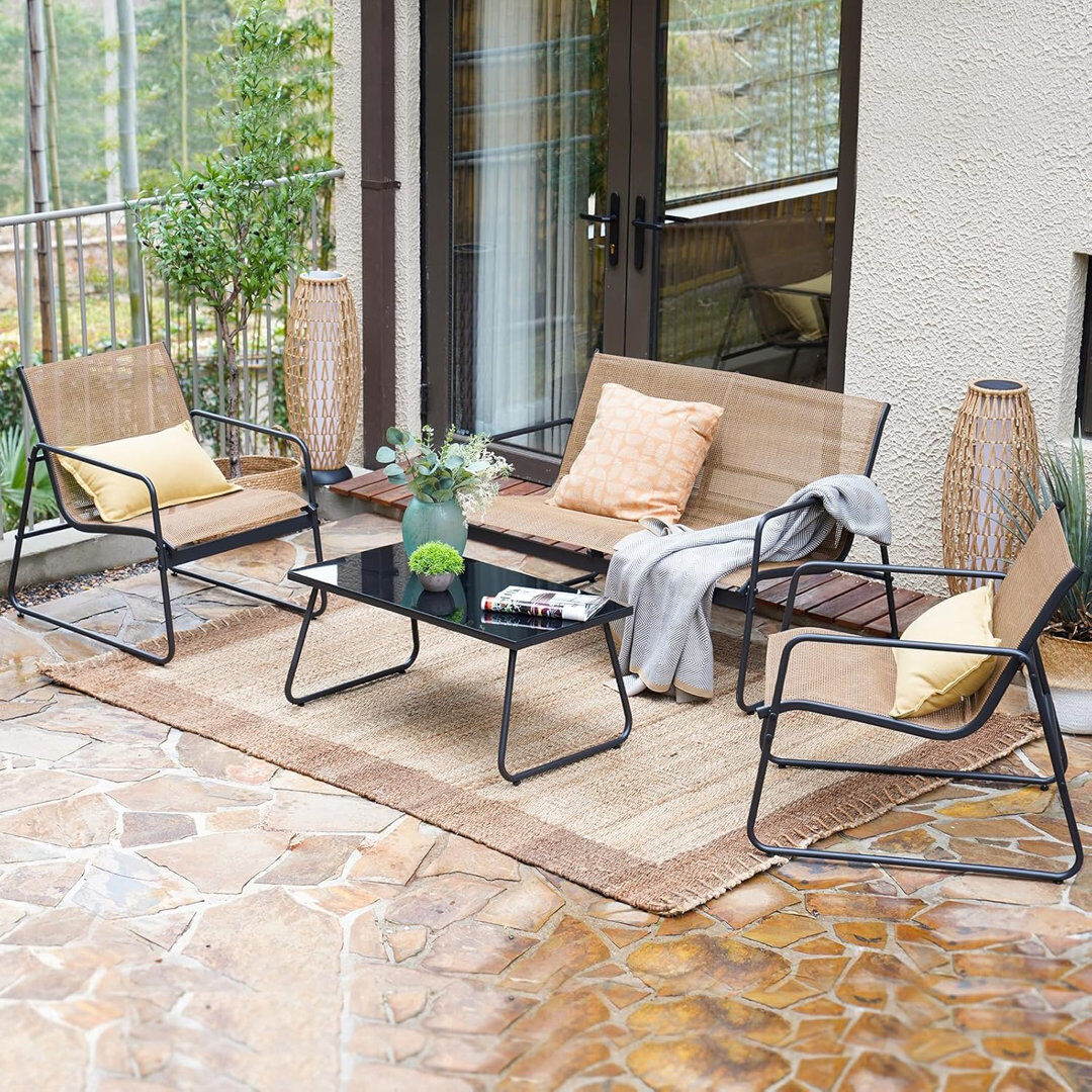 GRAND PATIO 4-Seater Garden Lounge Set with Mesh Seating and Glass Coffee Table, 4 Pieces Brown 4