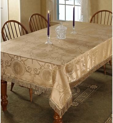 Violet Linen Prestige Medallion Damask Pattern, Polyester Jacquard, with Fringes, Tablecloth
