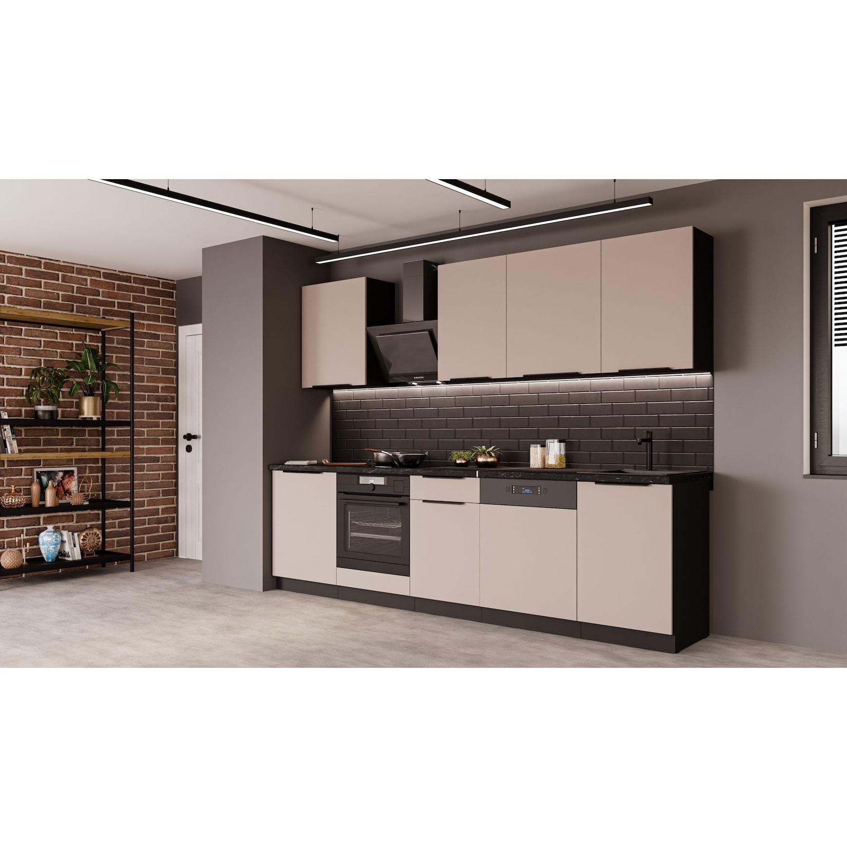 Küche ARONA BASIC 280 Küchenzeile Küchenblock Einbauküche Kaschmir beige Schwarz