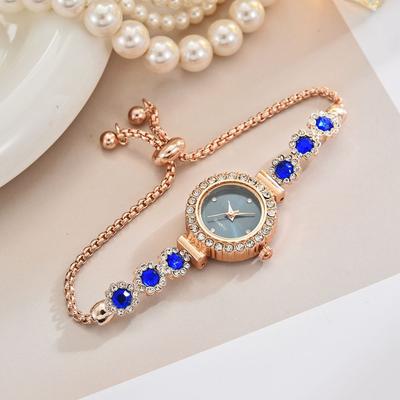 Fashion Sheath Elegant Floral Rhinestone Bracelet Watch For Women Crystal Dress Wristwatch blue