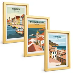 BILDER SET 3er Set - 20x30 cm Goldrahmen - Ansichten europäischer Küstenstädte