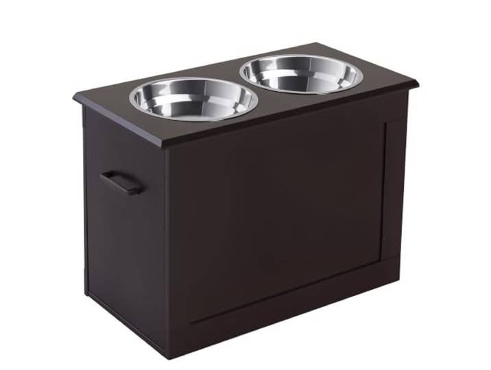 PawHut Gamelles Chiens Surélevées Chien Chat 2L 60L x 30l x 41H cm Chocolat Gamelle Double Chien Chat\, Porte-Gamelles Surélevé\, 2L\, Poignées\, Coffre Rangement\, Bois