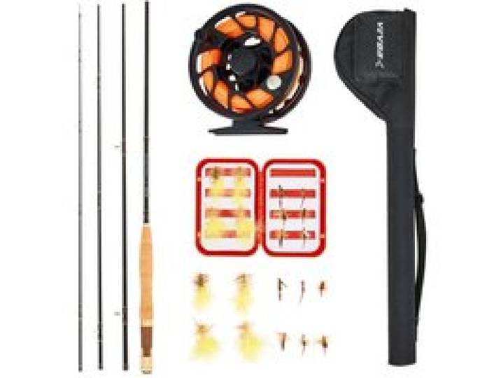 VEVOR Kit Canne et Moulinet Complet, Ensemble de Pêche à la Mouche, pour Pêcheur Voyage, Canne à Pêche en Carbone IM7, avec Housse, Boîte à Pêche, 6 Hameçons à Queue Courte et 4 à Queue Longue