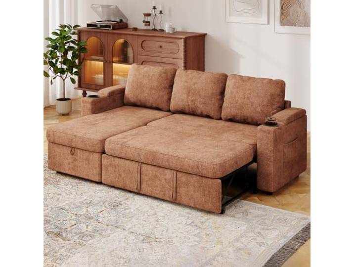 JUMMICO Schlafsofa mit Schlaffunktion Ecksofa mit Stauraum,Terrakotta Schlafsofa mit Bettkasten L‑Form Ausziehbares Chenille Schlafcouch Kleines für Wohnung und Wohnzimmer