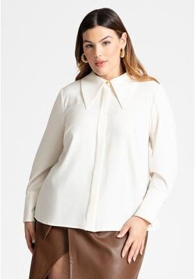 Plus Size Women's Pointed Collar Button Up Shirt by ELOQUII in Tofu (Size 16)
