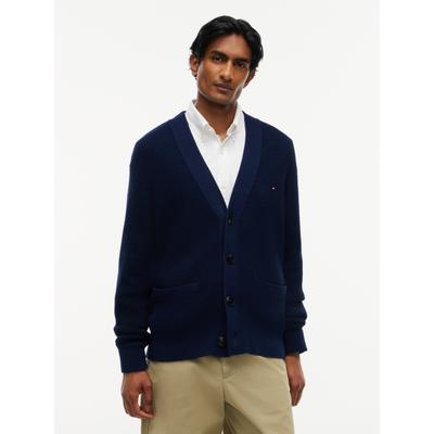 Cardigan TOMMY HILFIGER "WAFFLE STRUCTURE", Herren, Gr. L, blau (carbon navy), Strick, Obermaterial: 100% Baumwolle, normal, V-Ausschnitt, Rippbündchen, Strickjacken, mit modischer Struktur und aufgesetzte Taschen